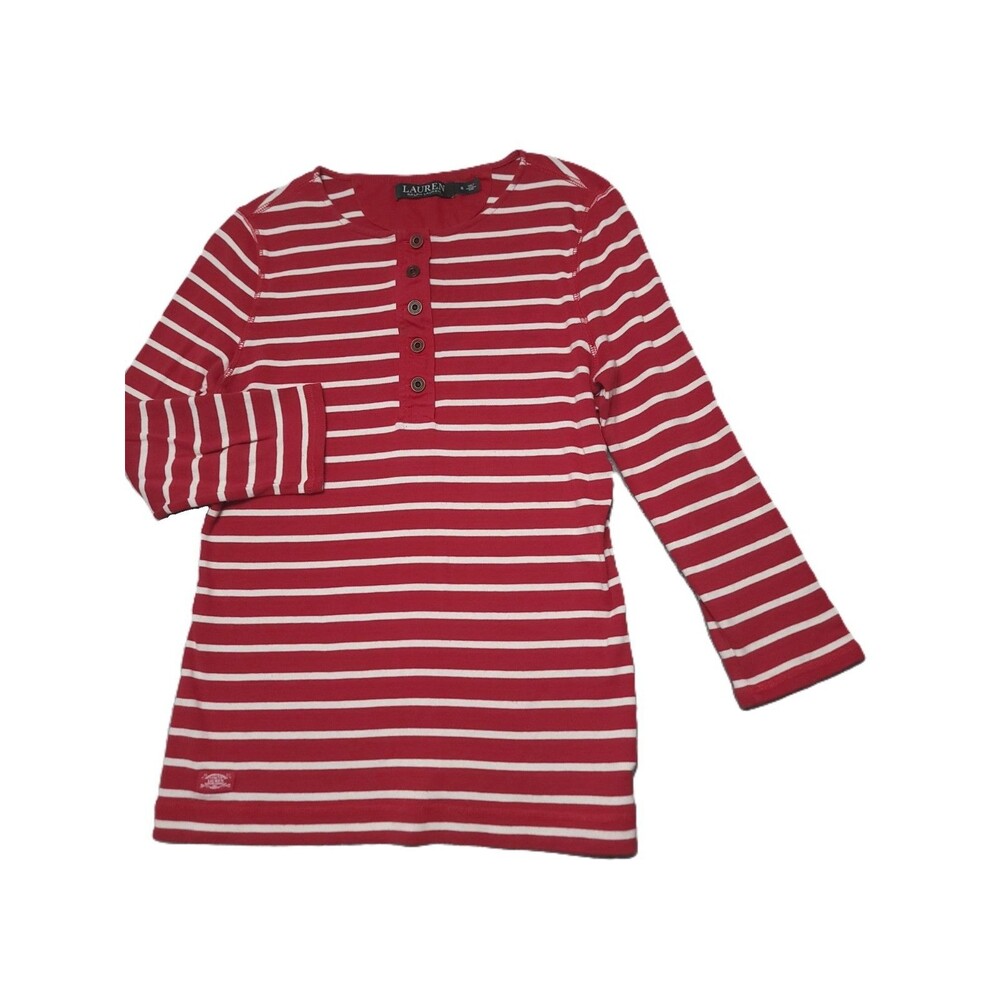 Lauren Ralph Lauren Henley T Shirt Women S Red Striped 3/4 Sleeve Cotton Top